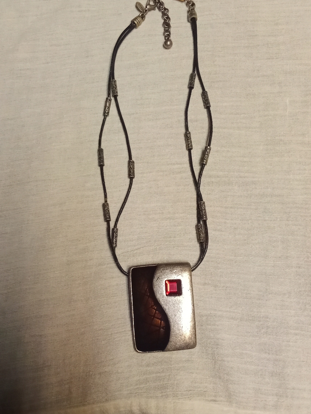 Chico's Silver and Red Rhinestone Pendant Black Beaded Cord Necklace